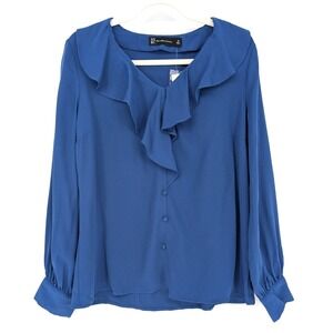 NY &‎ Co Royal Blue Ruffle Blouse Medium Classic Elegant Workwear Renaissance